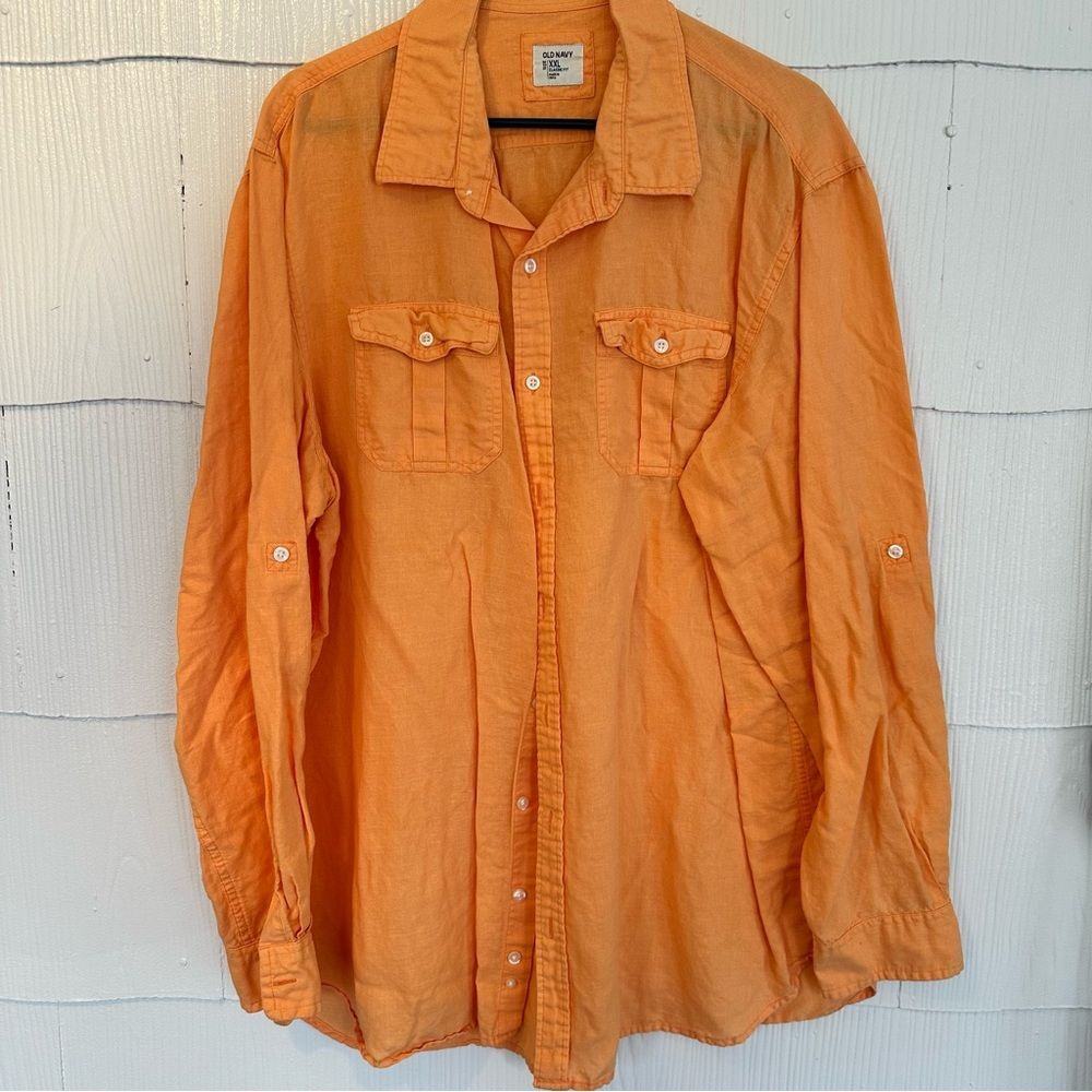 Old Navy Men’s XXL Classic Fit Button Down Long Sleeve Shirt Orange Cotton Linen